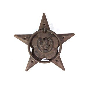 Cast Iron Barn Star Door Knocker Horse in Horseshoe Brown Rustic Metal 9-inch